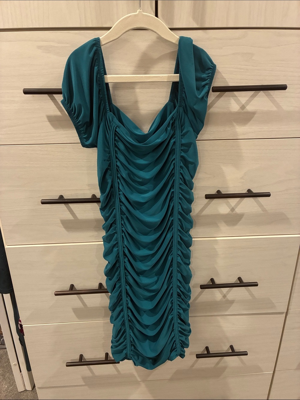 Teal Ruched Bodycon Dress with Cap Sleeves
